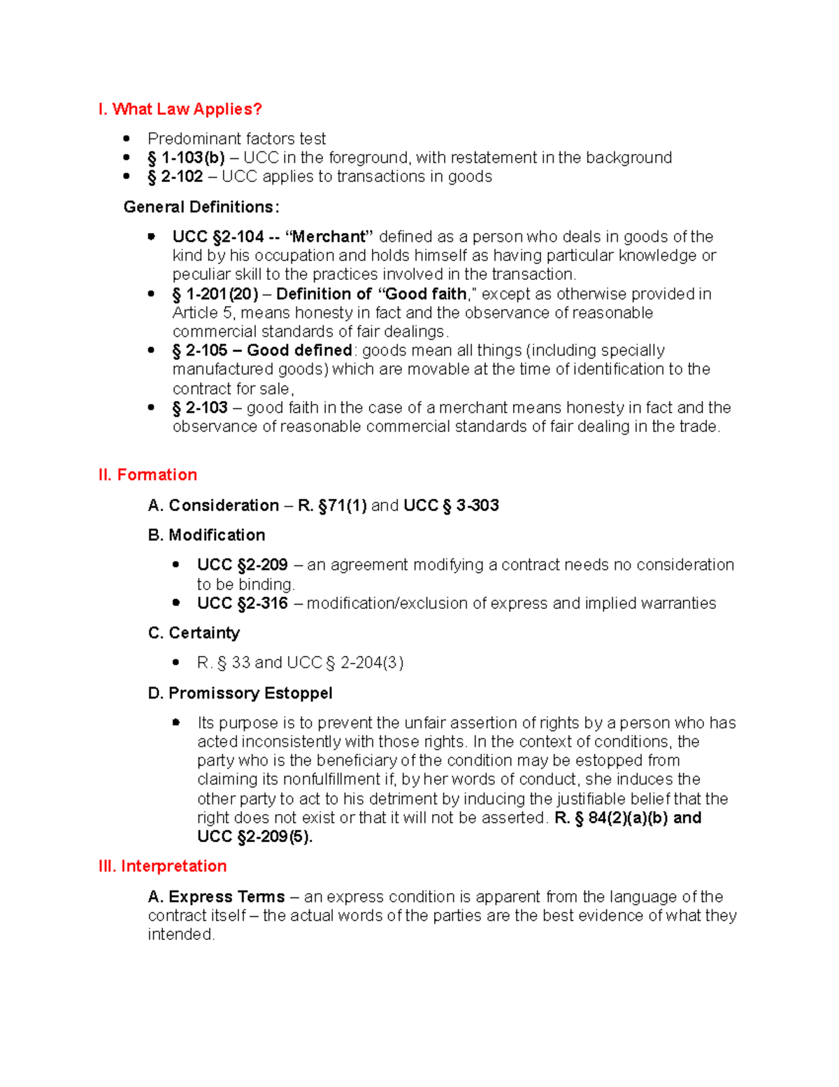 Contracts Final Exam Outline - I. What Law Applies? Predominant Factors ...