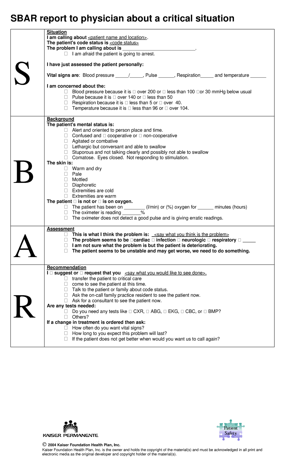 SBAR Guidelines - 2004 Kaiser Foundation Health Plan, Inc. Kaiser ...