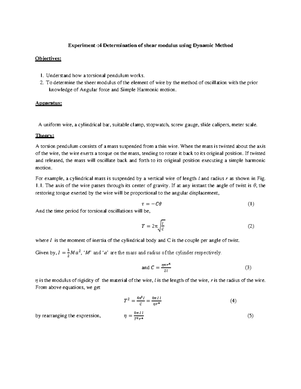 107 Lab 4 - Lab Manual - Experiment-:4 Determination Of Shear Modulus 