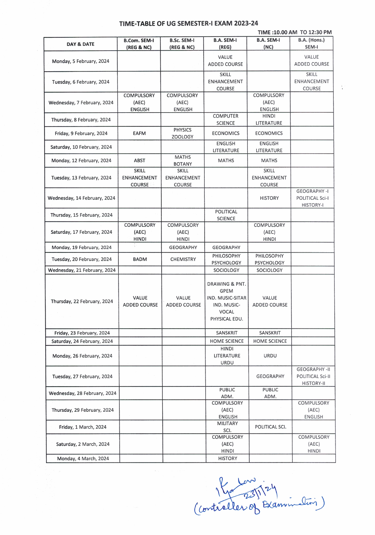 UG SEM 1 TIME Table 2023-24 - Computer Science SL - Studocu