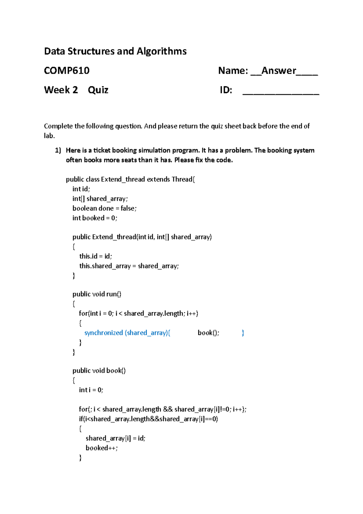 Week 2 answer - Data Structures and Algorithms COMP610 Name: Answer ...