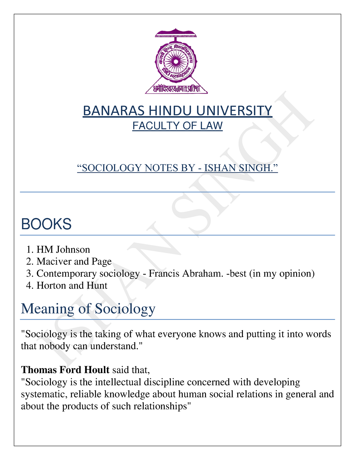 Sociology Notes Final-converted - BANARAS HINDU UNIVERSITY FACULTY OF ...