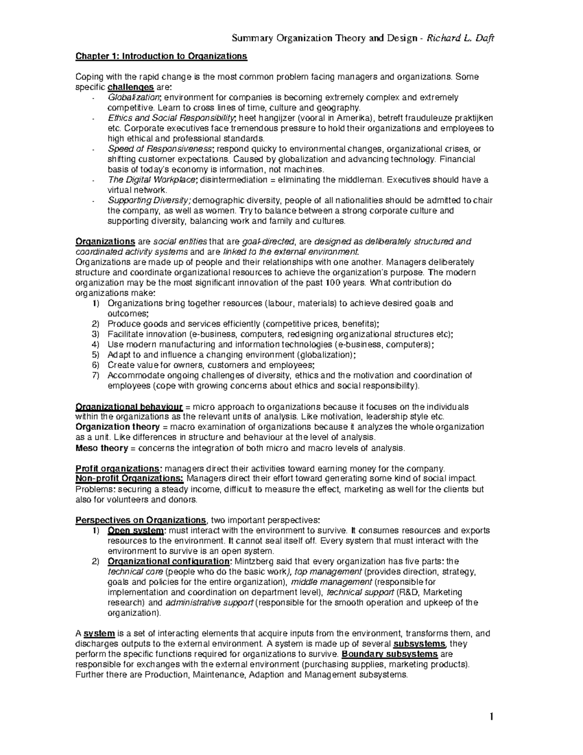 Summary Organization Theory and Design C - Chapter 1: Introduction to ...