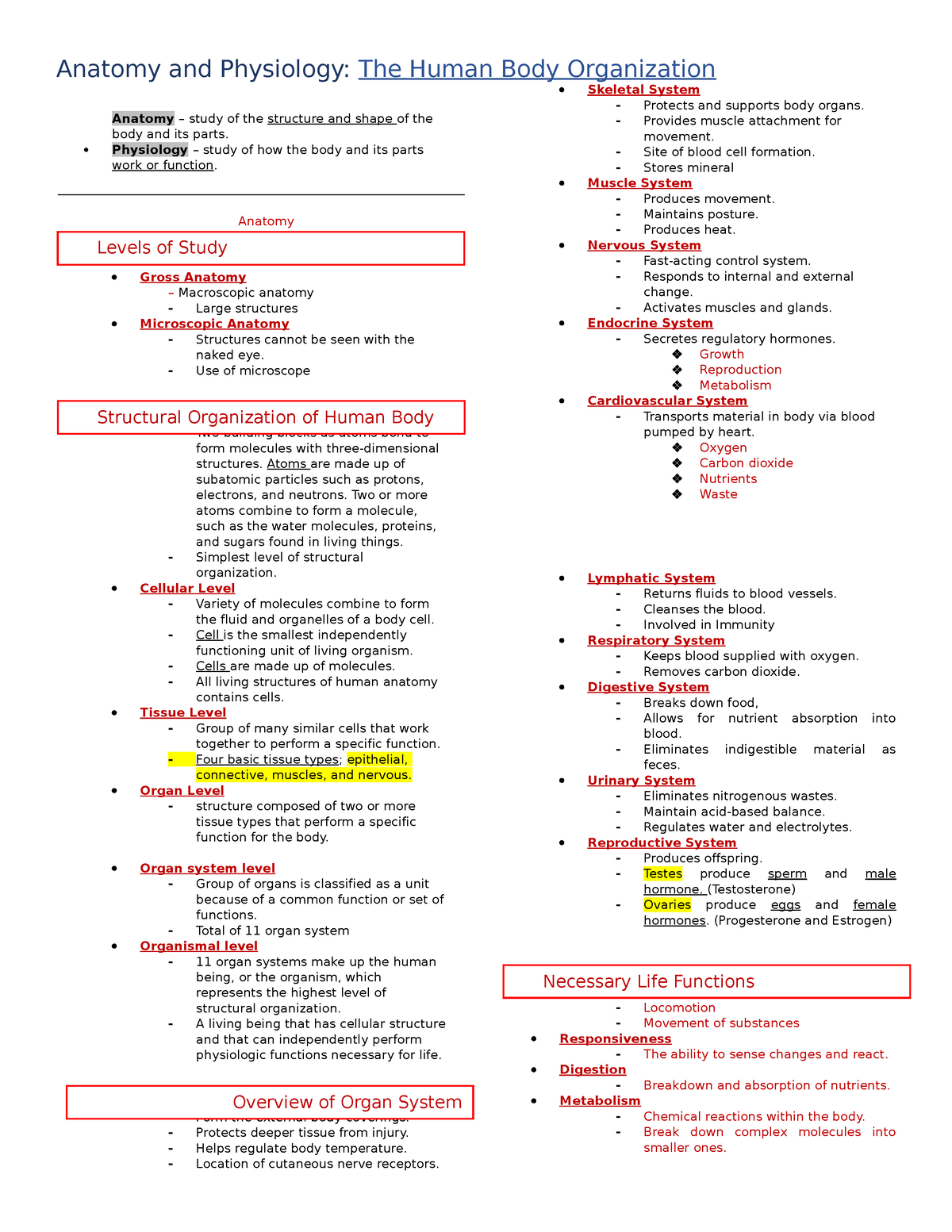 Anaphy Reviewer - Anatomy And Physiology: The Human Body Organization ...