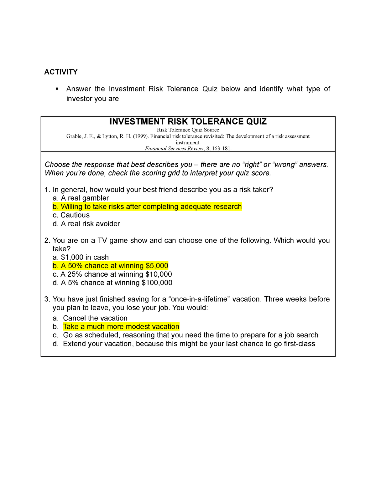 risk tolerance essay