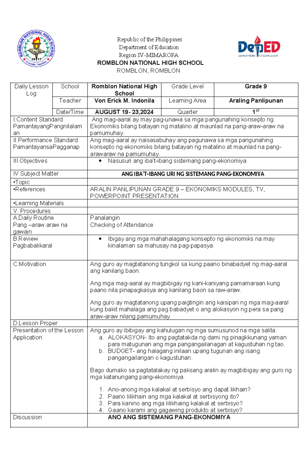 AP Lesson PLAN quarter 1 - Republic of the Philippines Department of ...