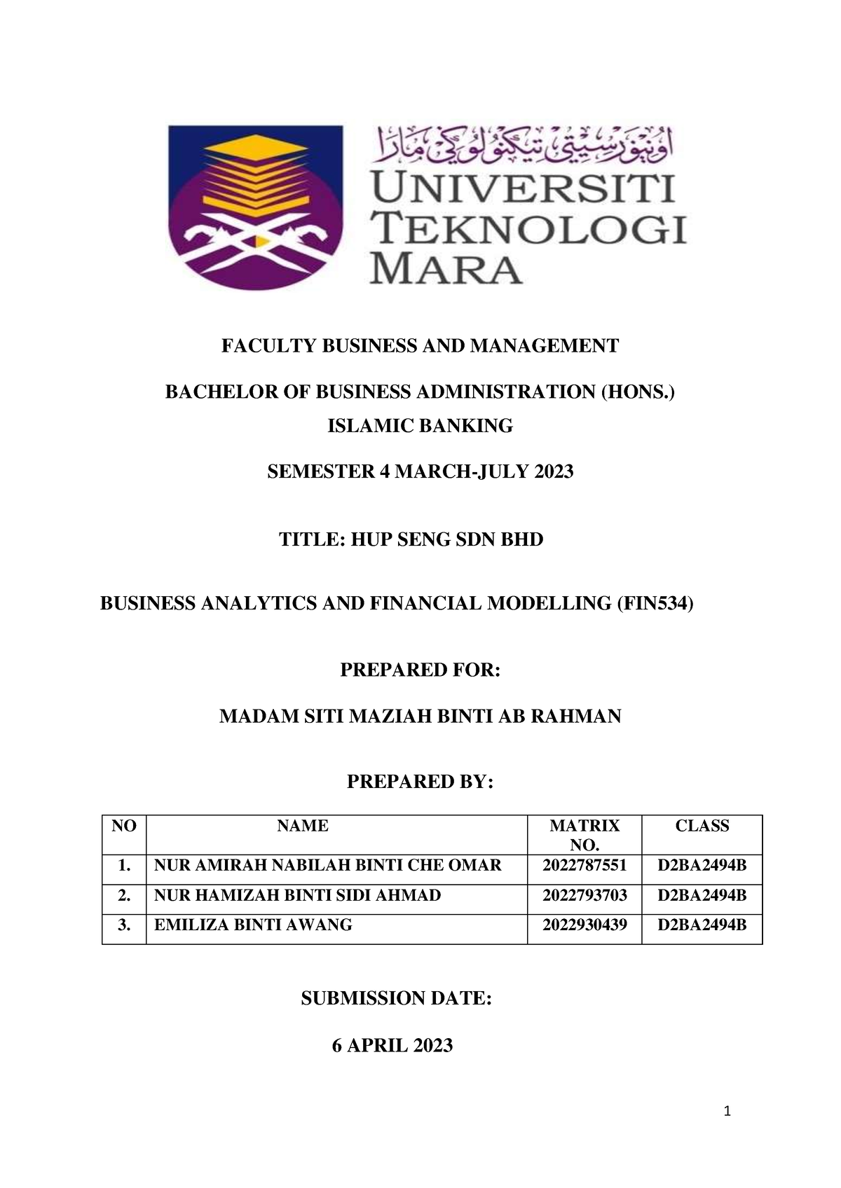 FIN534 Hupseng Industries Berhad - FACULTY BUSINESS AND MANAGEMENT ...