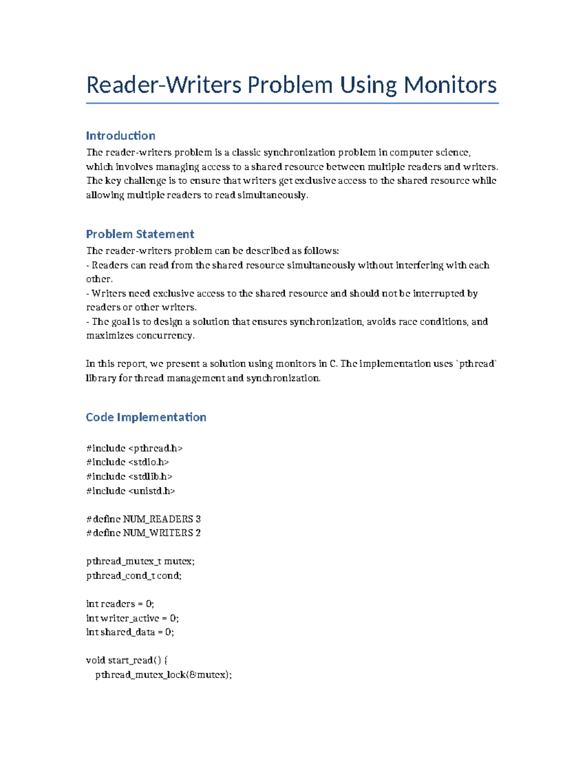Reader Writers Problem Report - Reader-Writers Problem Using Monitors ...