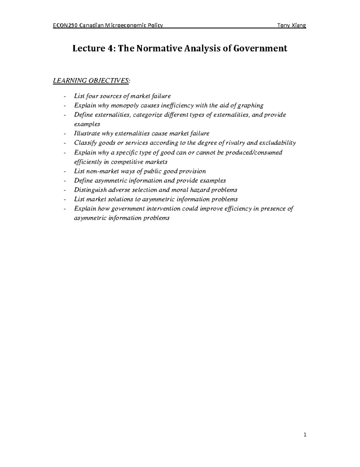 Lecture 4 - Lecture 4: The Normative Analysis of Government LEARNING ...
