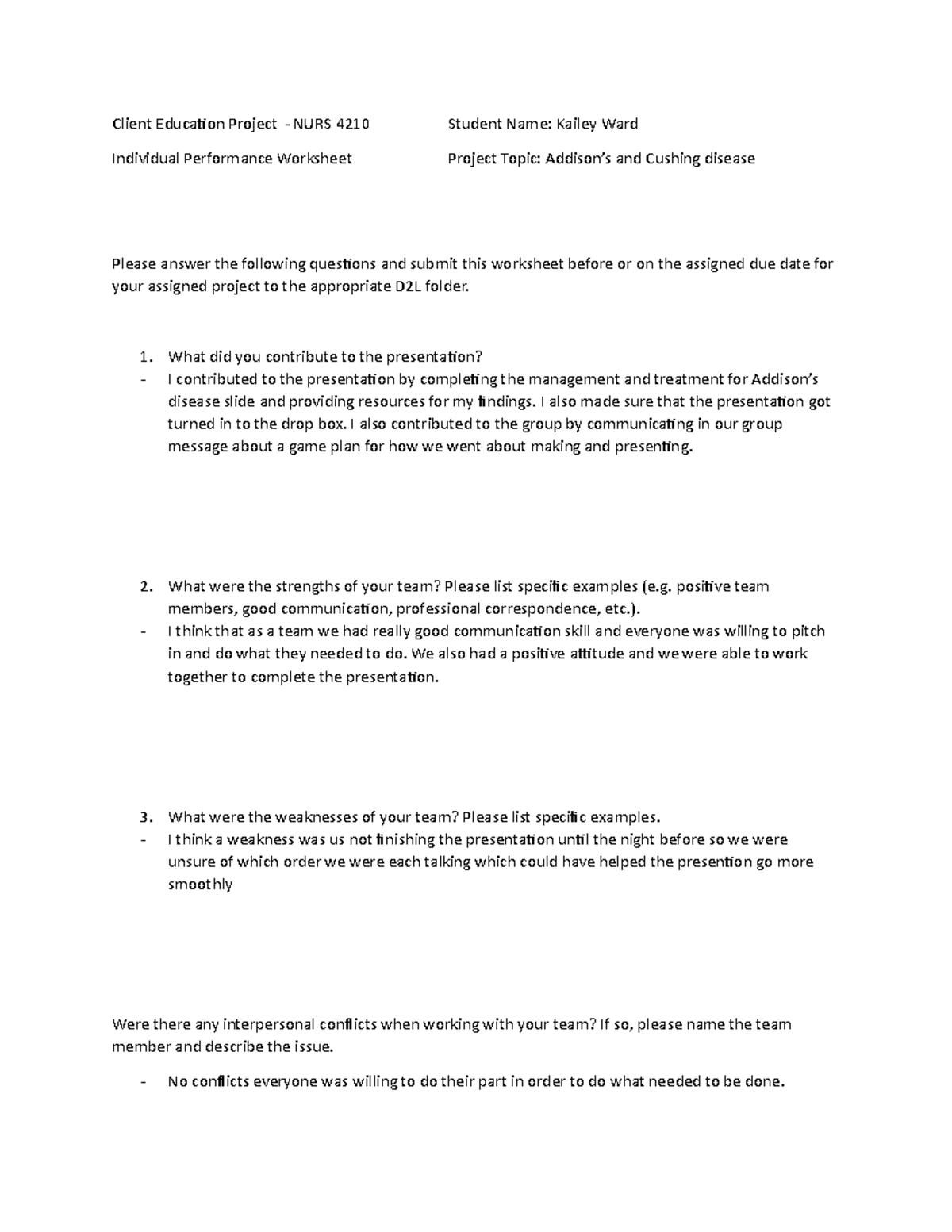 Individual feedback worksheet - Client Education Project - NURS 4210 ...