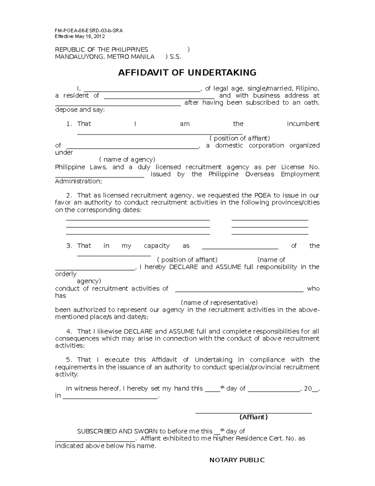 Affidavit Of Undertaking-sra-ISO - FM-POEA-06-ESRD-03-b-SRA Effective ...