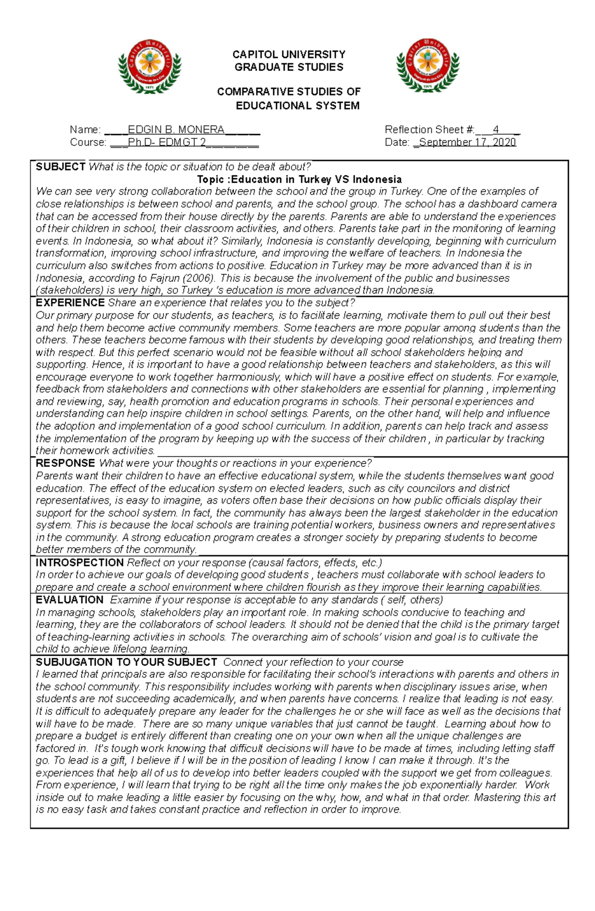 Reflection 4 Turkey VS Indonesia CAPITOL UNIVERSITY GRADUATE STUDIES