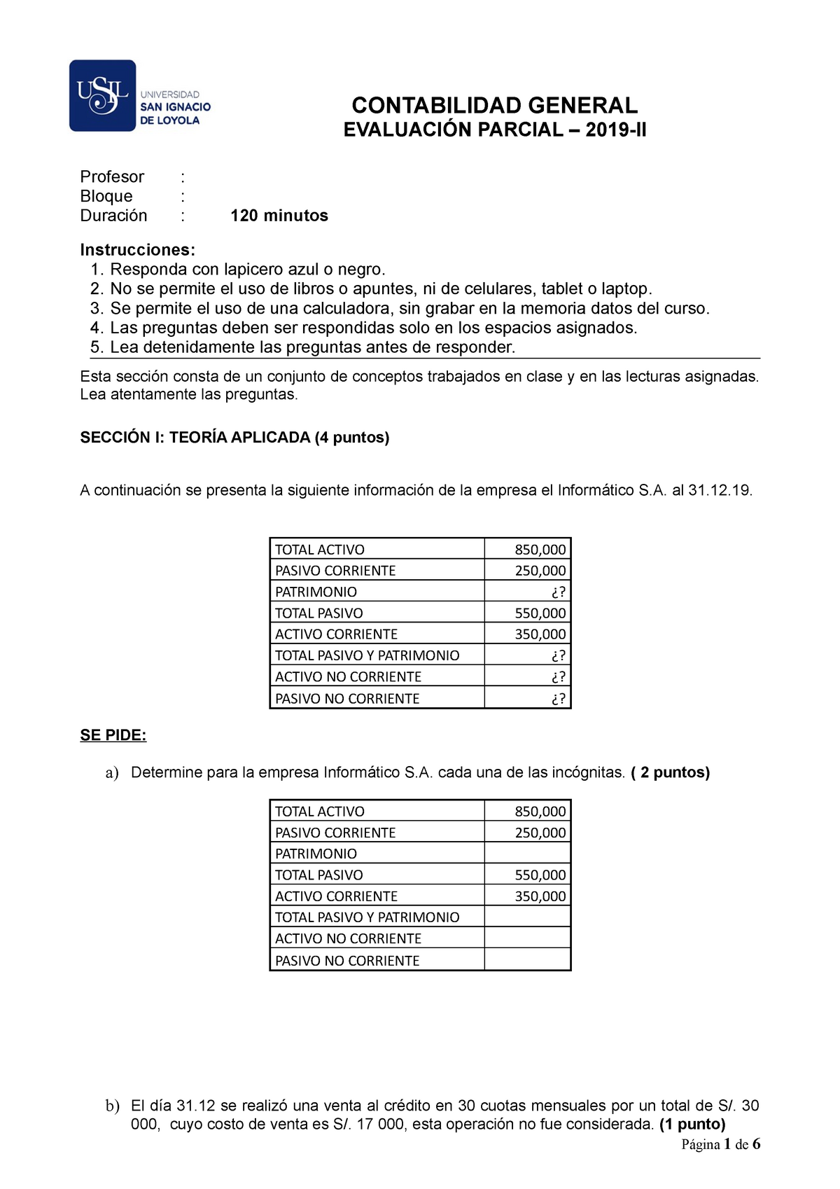 PARCIAL 2019 - CONTABILIDAD GENERAL EVALUACIÓN PARCIAL – 2019-II