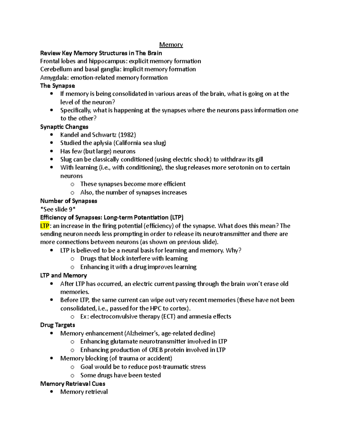 PSY1101 - Memory - Memory Review Key Memory Structures in The Brain ...