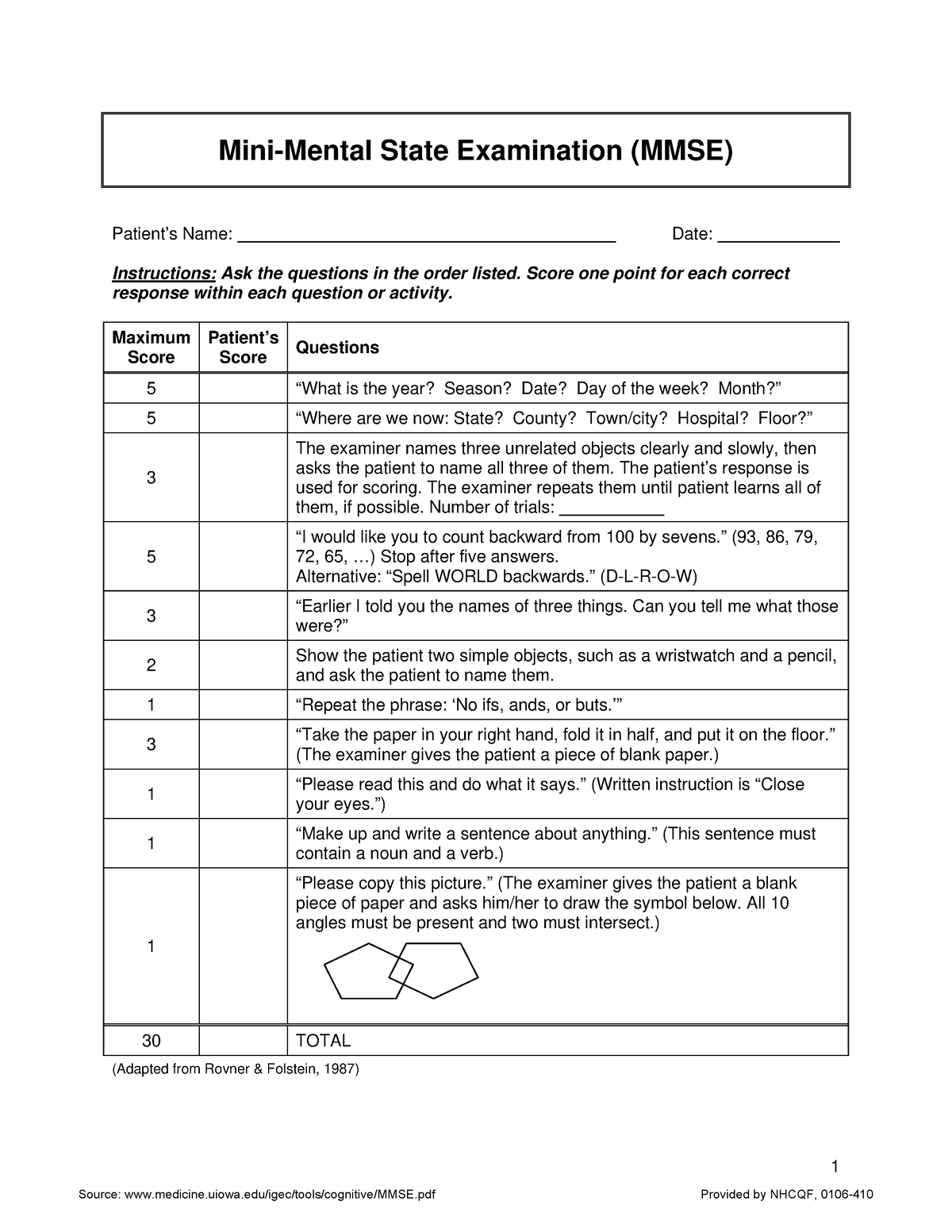 MMSE - Assessment Checklist-neuro - 1 Mini-Mental State Examination ...