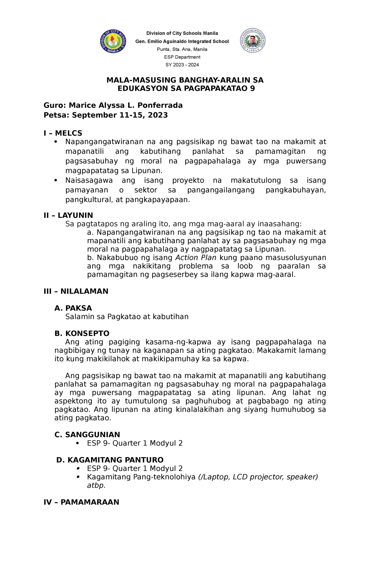 ESP 9 Modyul 2 Lesson PLAN - MALA-MASUSING BANGHAY-ARALIN SA EDUKASYON ...