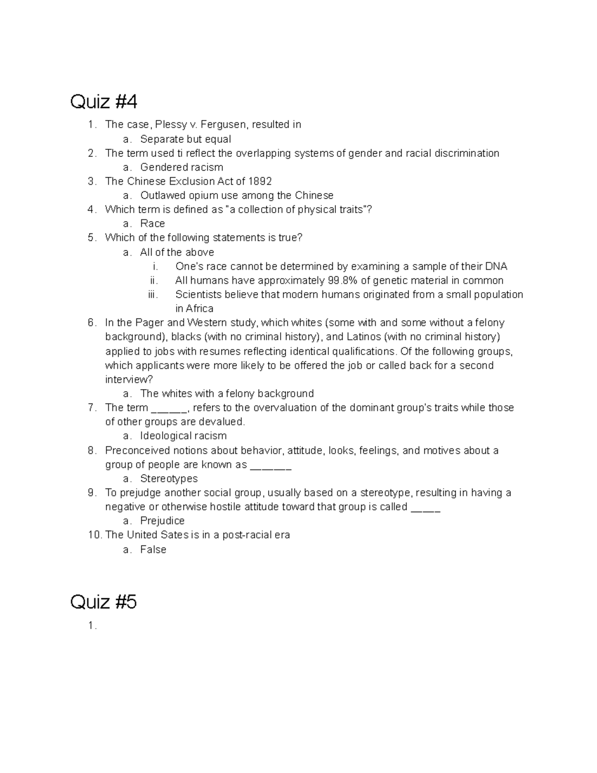 Quiz 4-6 - Quiz Questions And Potential Answers - Quiz The Case, Plessy ...