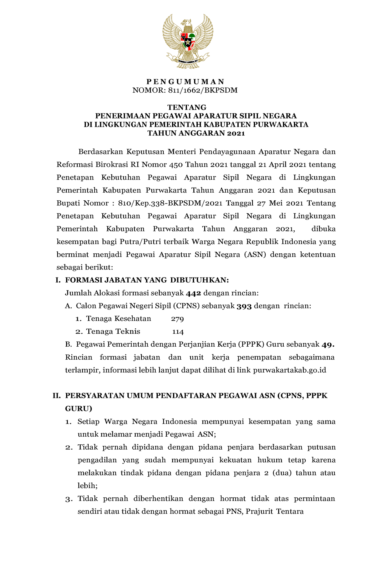 Pengumuman Penerimaan CPNS 2021 - P E N G U M U M A N NOMOR: 811/1662 ...