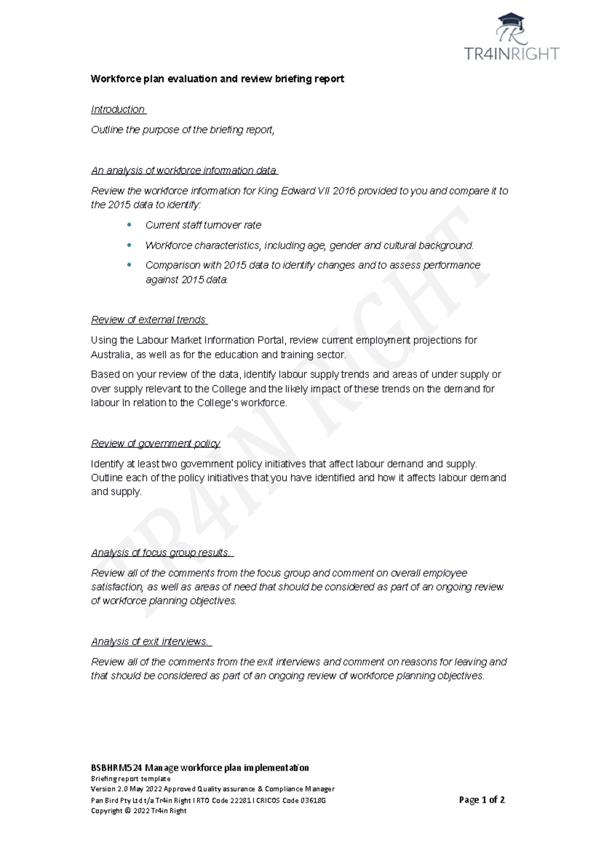 Bsbhrm 524 AT5 - Workforce plan evaluation and review briefing report ...