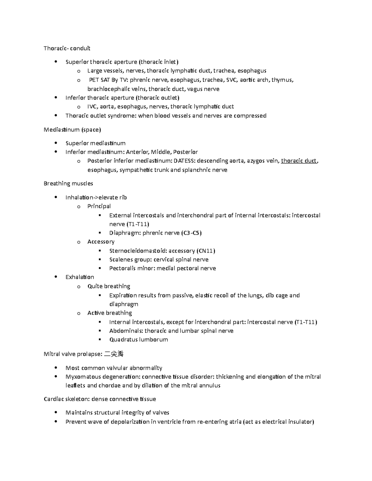 Anatomy exam 2 note - Exam 2 summary - Thoracic- conduit Superior ...