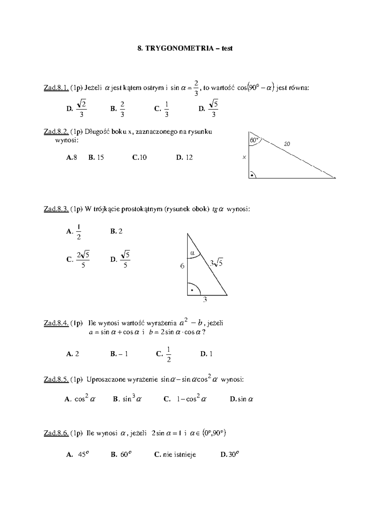 Matematyka Pl Sprawdzian Z Trygonometria www.studocu.com