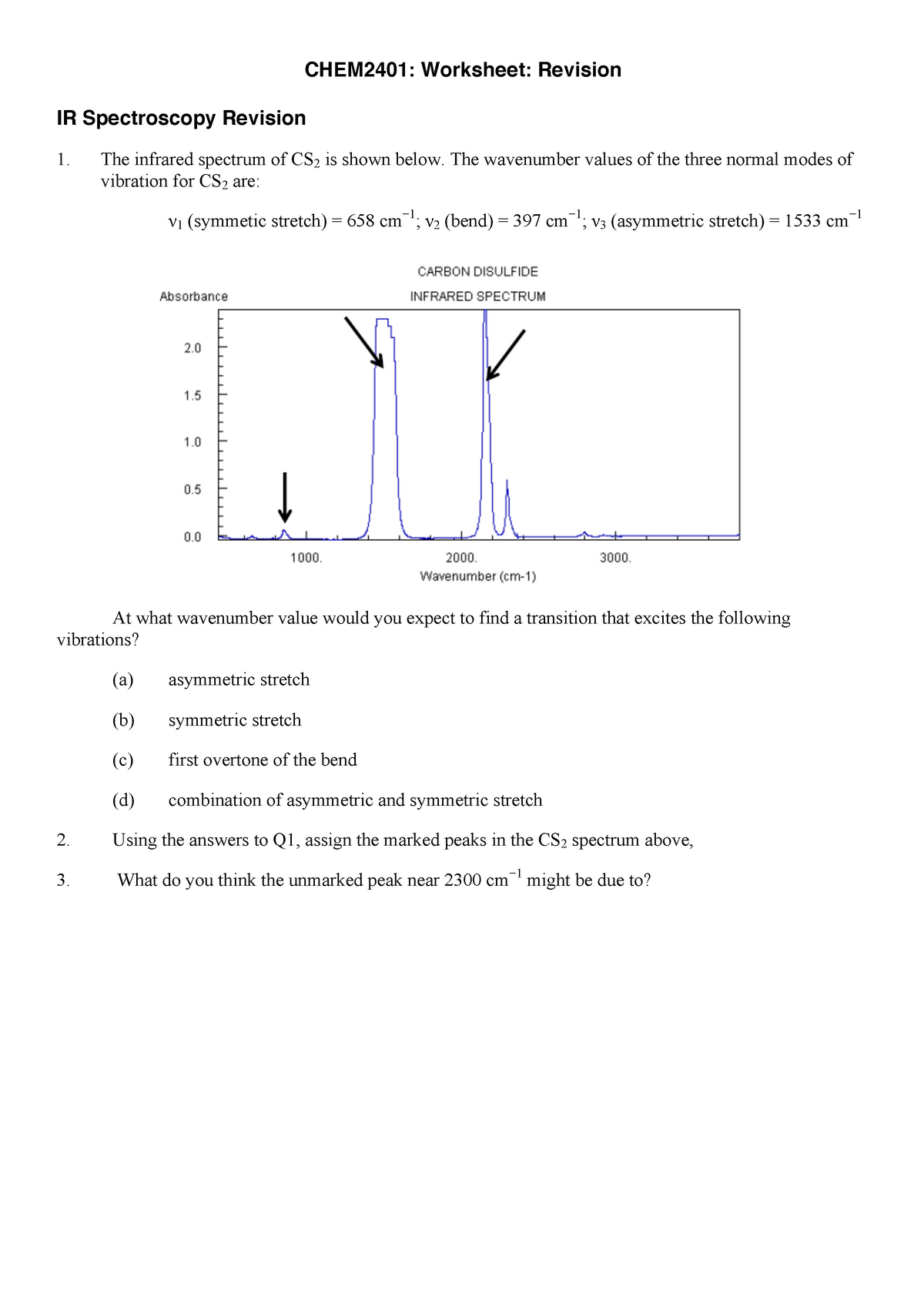 Exam 2019, questions - CHEM2401: Worksheet: Revision IR Spectroscopy ...