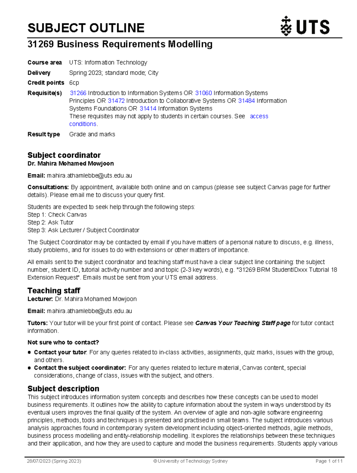 BRM - Subject outline - SUBJECT OUTLINE 31269 Business Requirements ...