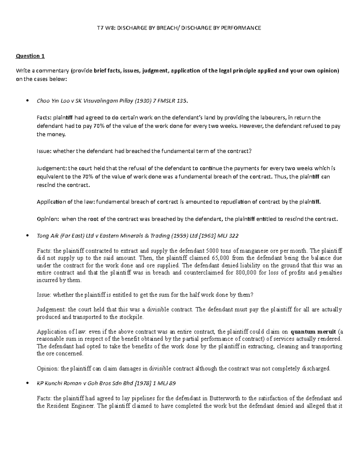 Discharge of breach and performance T7 W8 DISCHARGE BY BREACH/ DISCHARGE BY PERFORMANCE