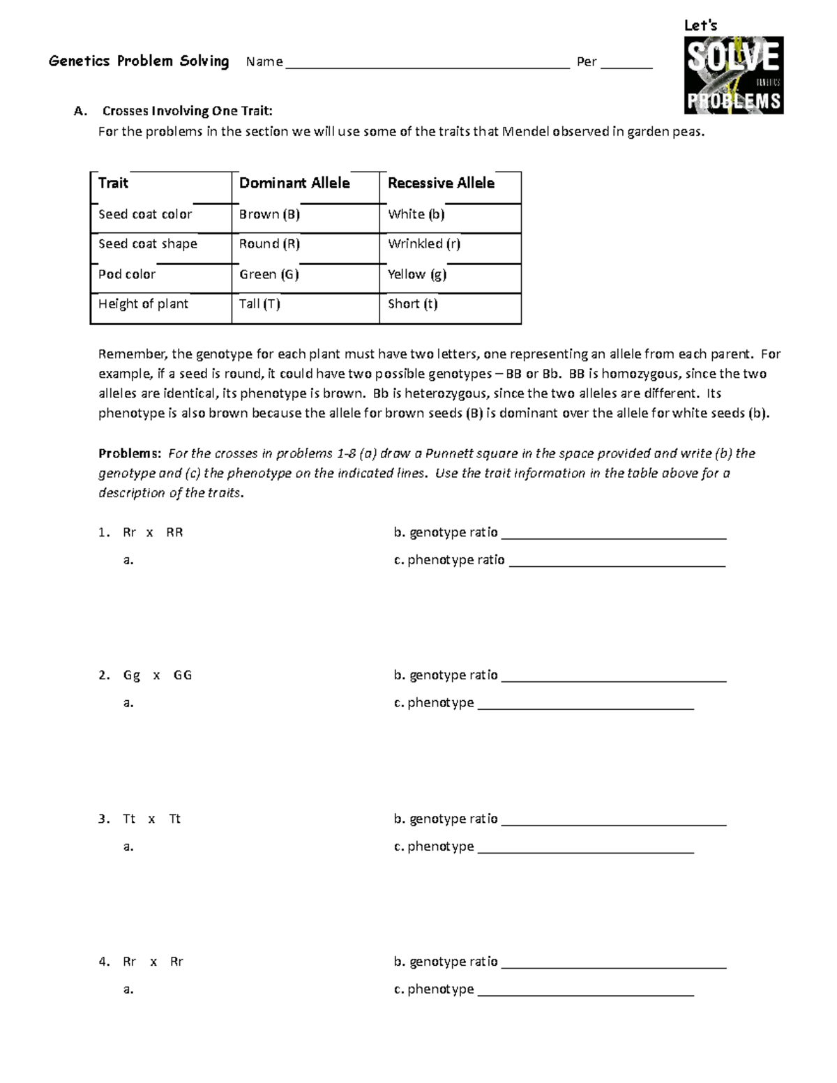 genetics problem solving crosses involving one trait answers