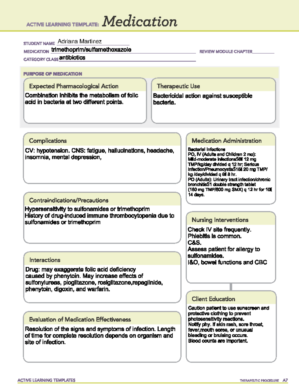 Trimethoprim-sulfamethoxazole Med Card - N180 - Adriana Martinez - Studocu