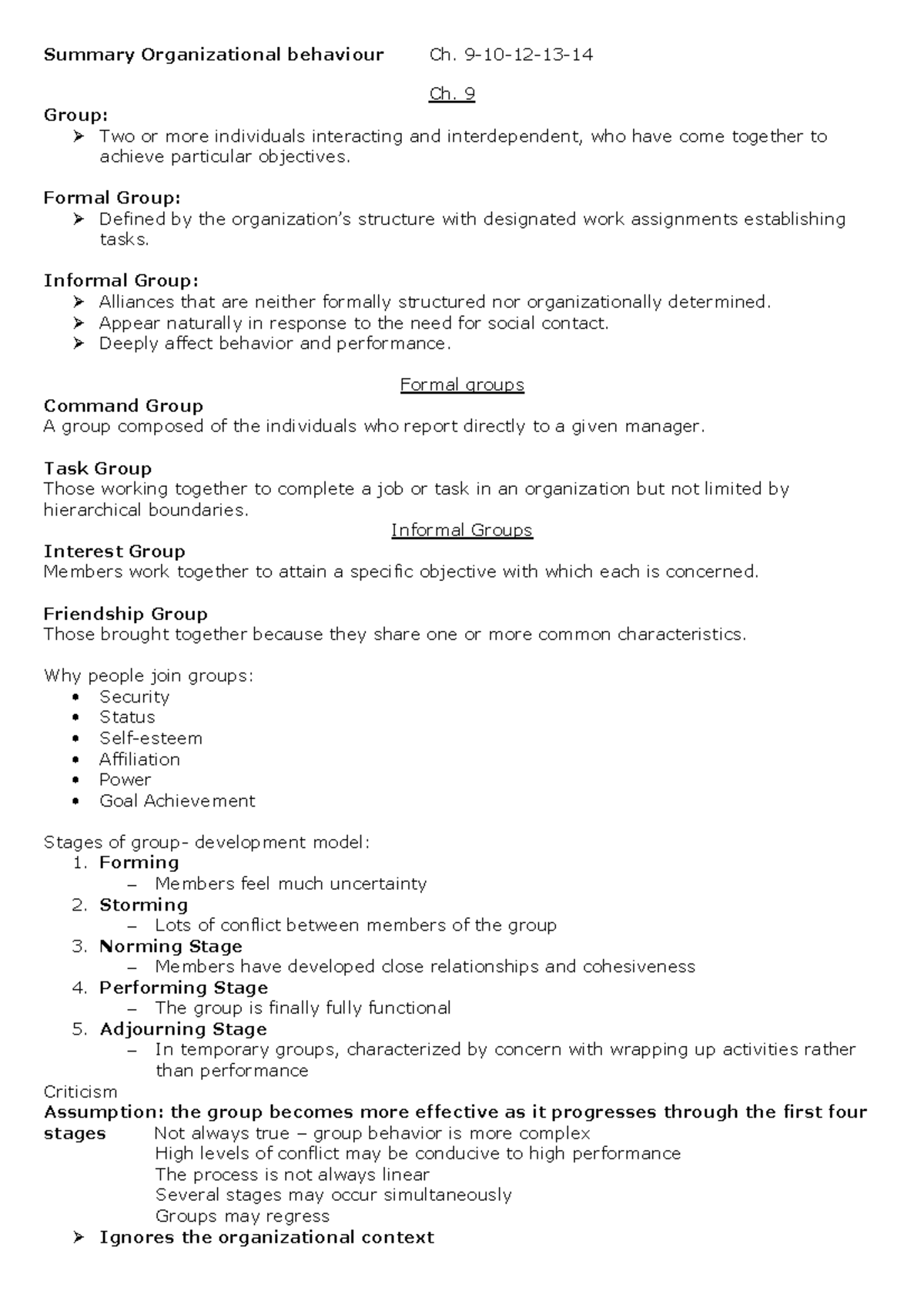 Summary Organizational Behaviour Ch 9, 10, 12, 13, 14 - Summary ...