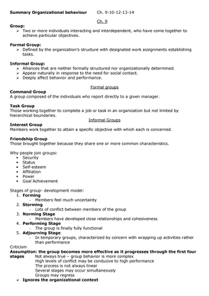 Summary Organizational Behaviour Ch 9 10 12 13 14 Studocu