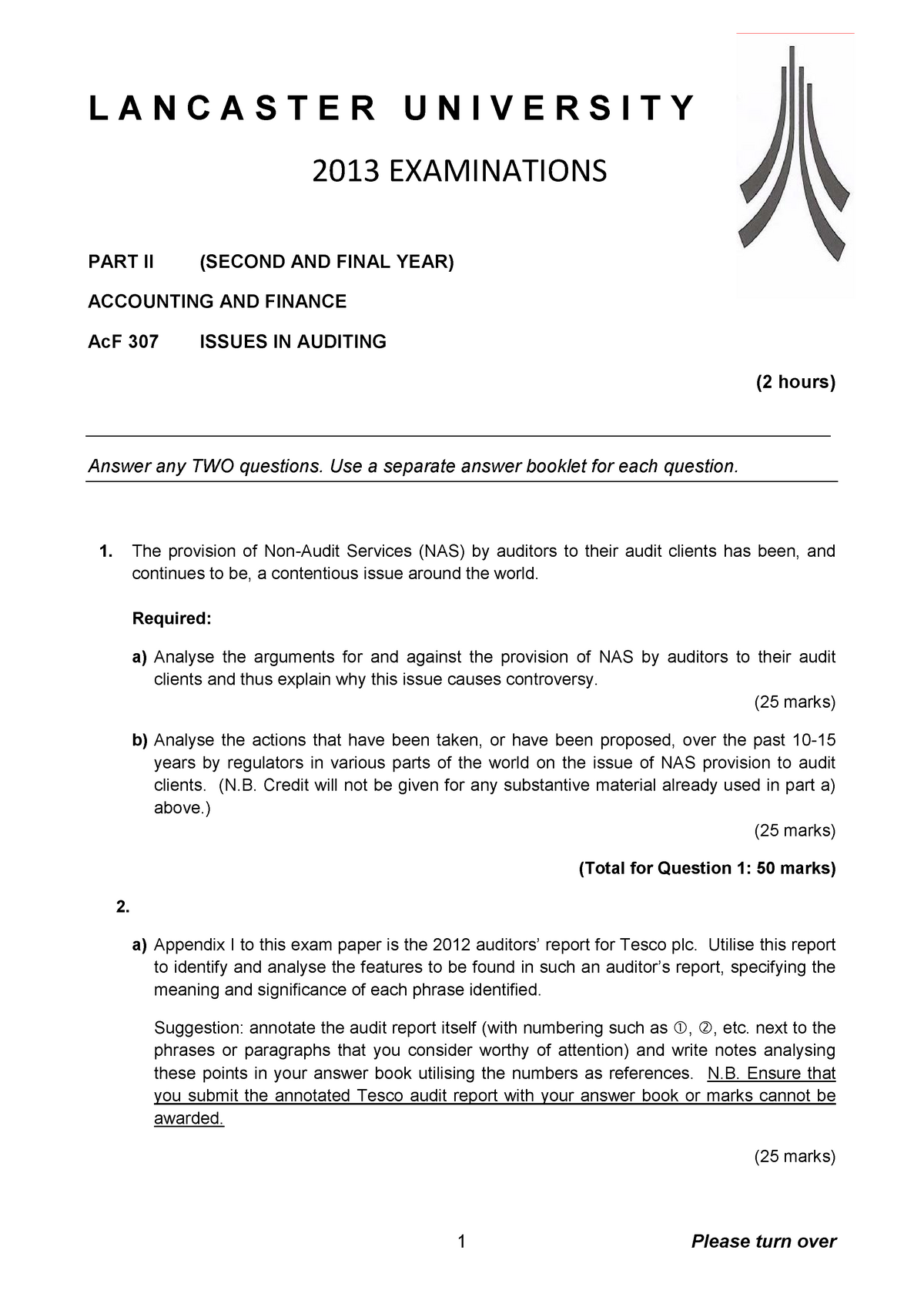 Acf 307 Exam 13 Questions Issues In Auditing Ac F307 Studocu