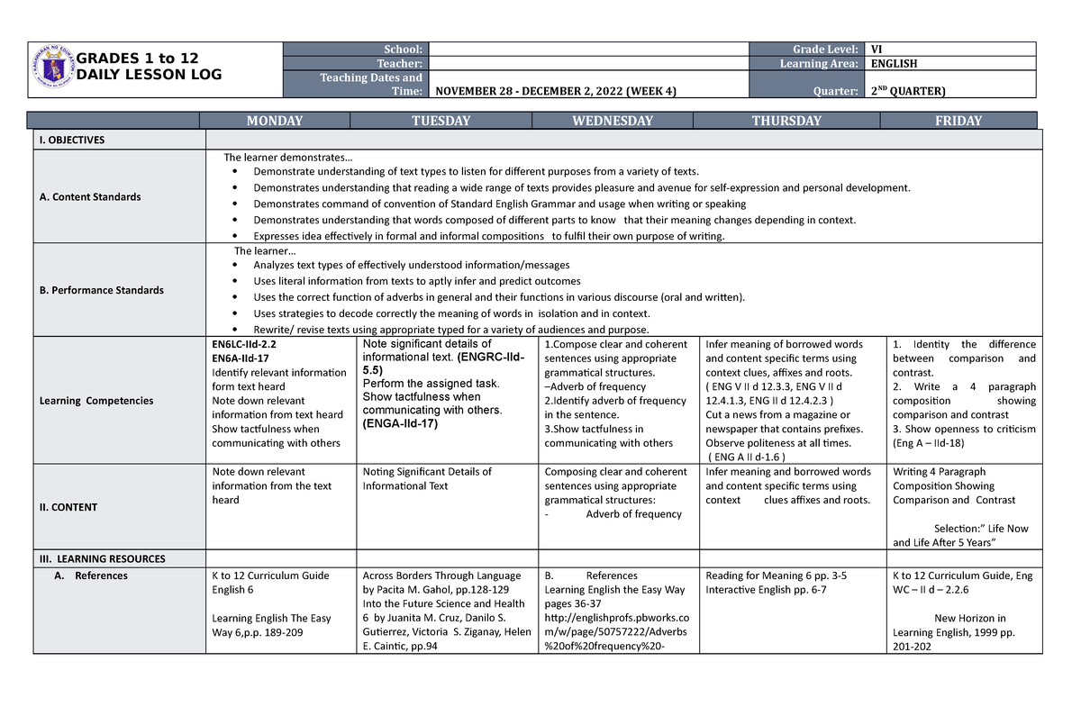 Dll English 6 Q1 W1 Ppt Grades 1 To 12 Daily Lesson L 6633