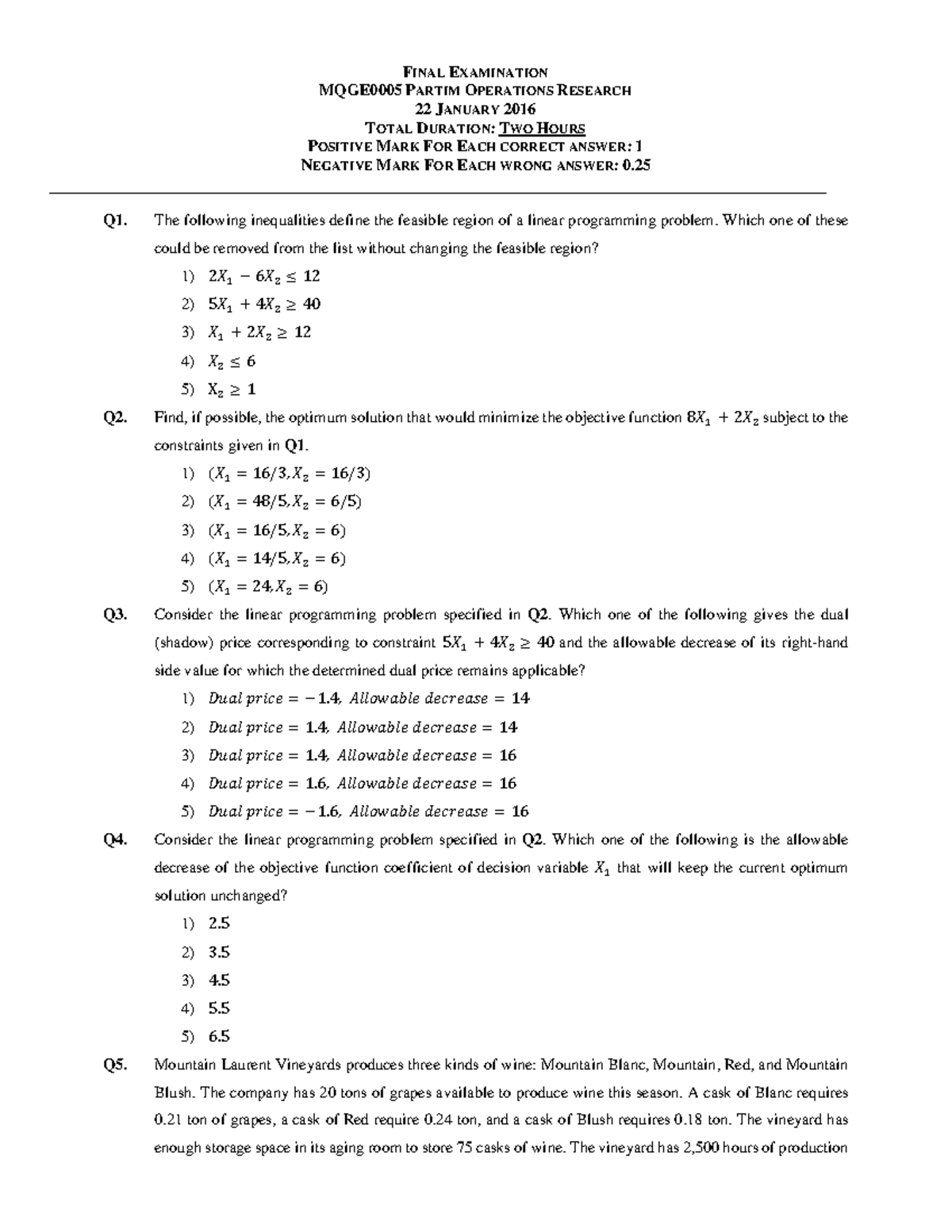 Exam Qmm 2015-2016 - Qmm Exam - Final Examination Mqge0005 Partim 