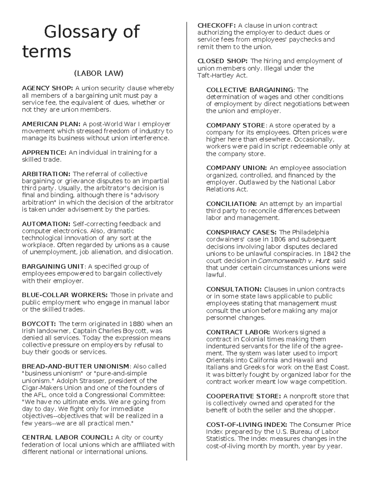 Glossary of terms - Glossary of terms (LABOR LAW) AGENCY SHOP: A union ...