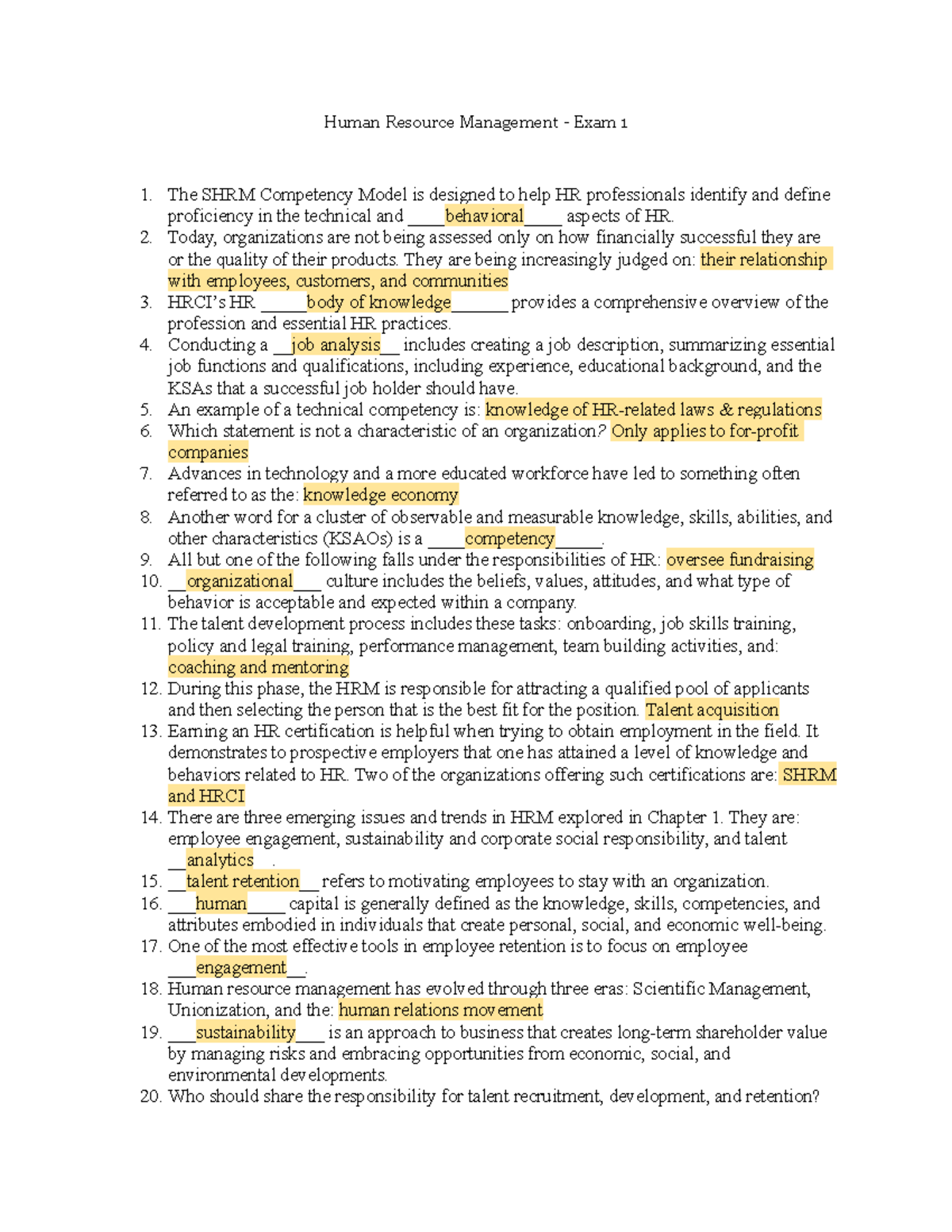 HRM Exam 1 Human Resource Management 3273 Human Resource