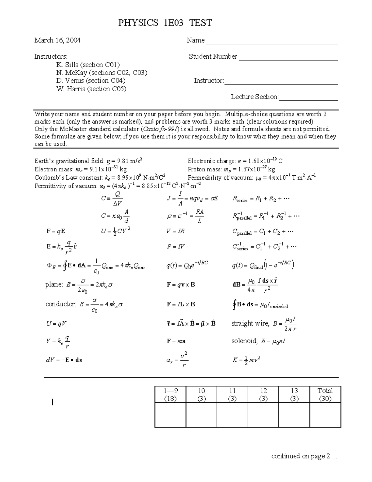 2004 Solutions - Practice Test - continued on page 2... PHYSICS 1E03 ...