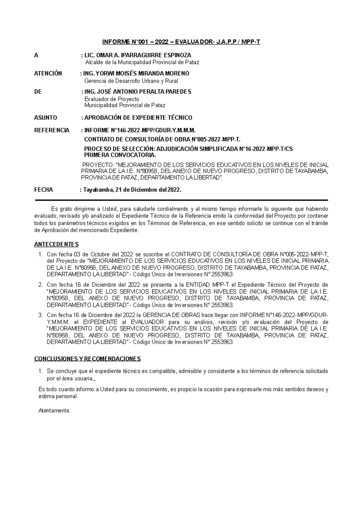 Informe 1 INFORME DE CONSULTOR INFORME N 001 2022 EVALUADOR J 