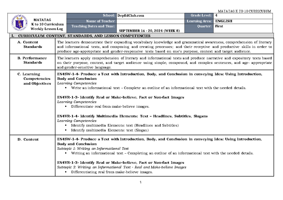 DLL Matatag English 4 Q1 W8 - MATATAG K To 10 Curriculum Weekly Lesson ...