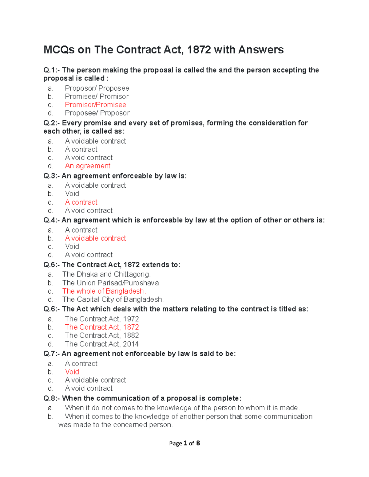 MCQ on Contract Act 1872 with answers MCQs on The Contract Act, 1872 with Answers Q The