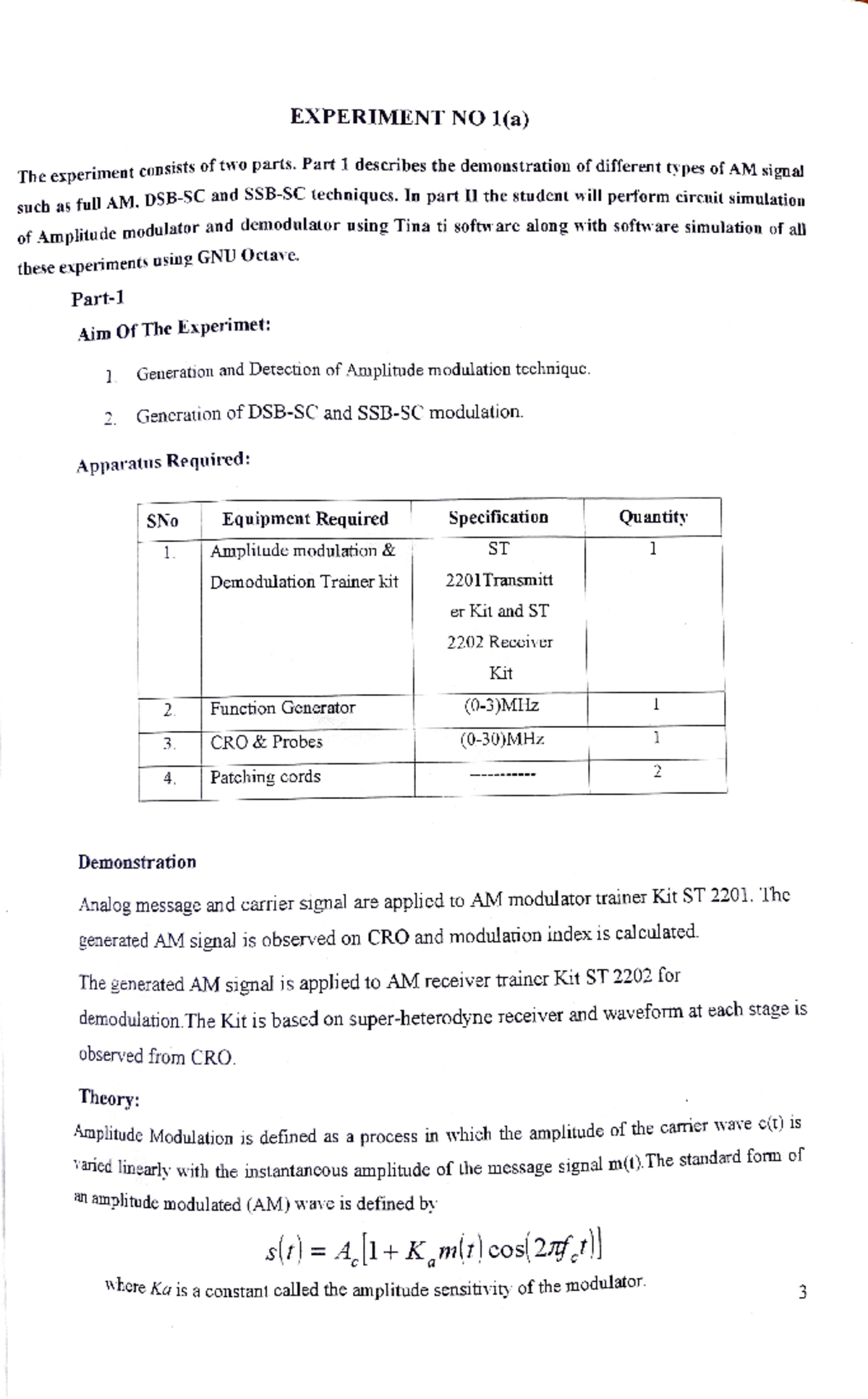AM Modulation and Demodulation Manual - EXPERIMENT NO 1(a) Th neriment ...