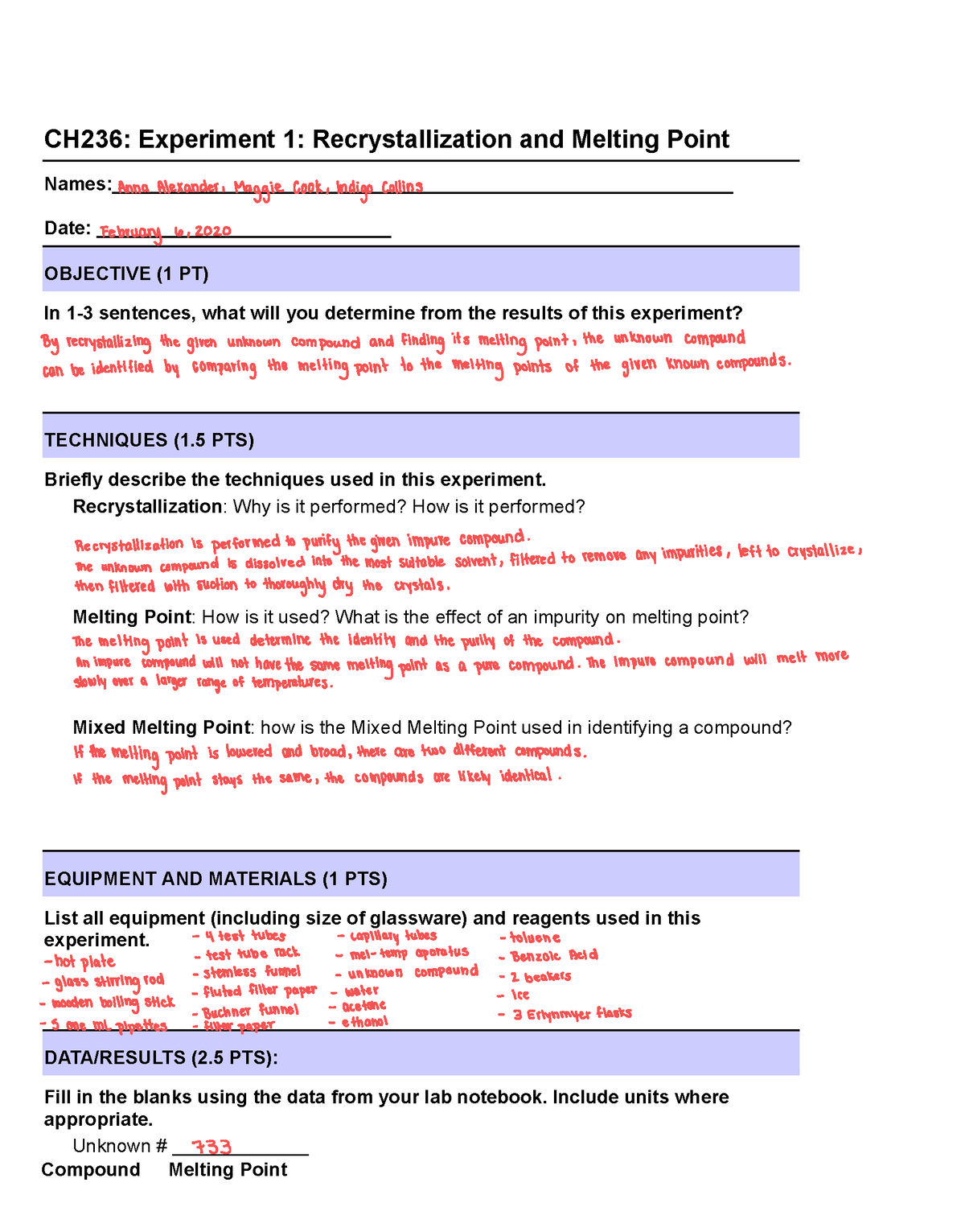 Recrystallization Group Worksheet - CH236: Experiment 1 ...