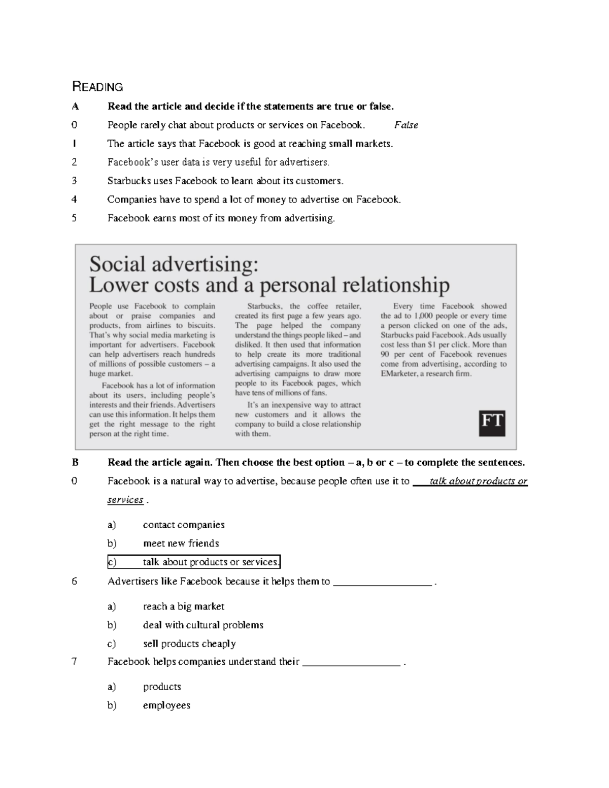Unit 8 Test English - READING A Read the article and decide if the ...