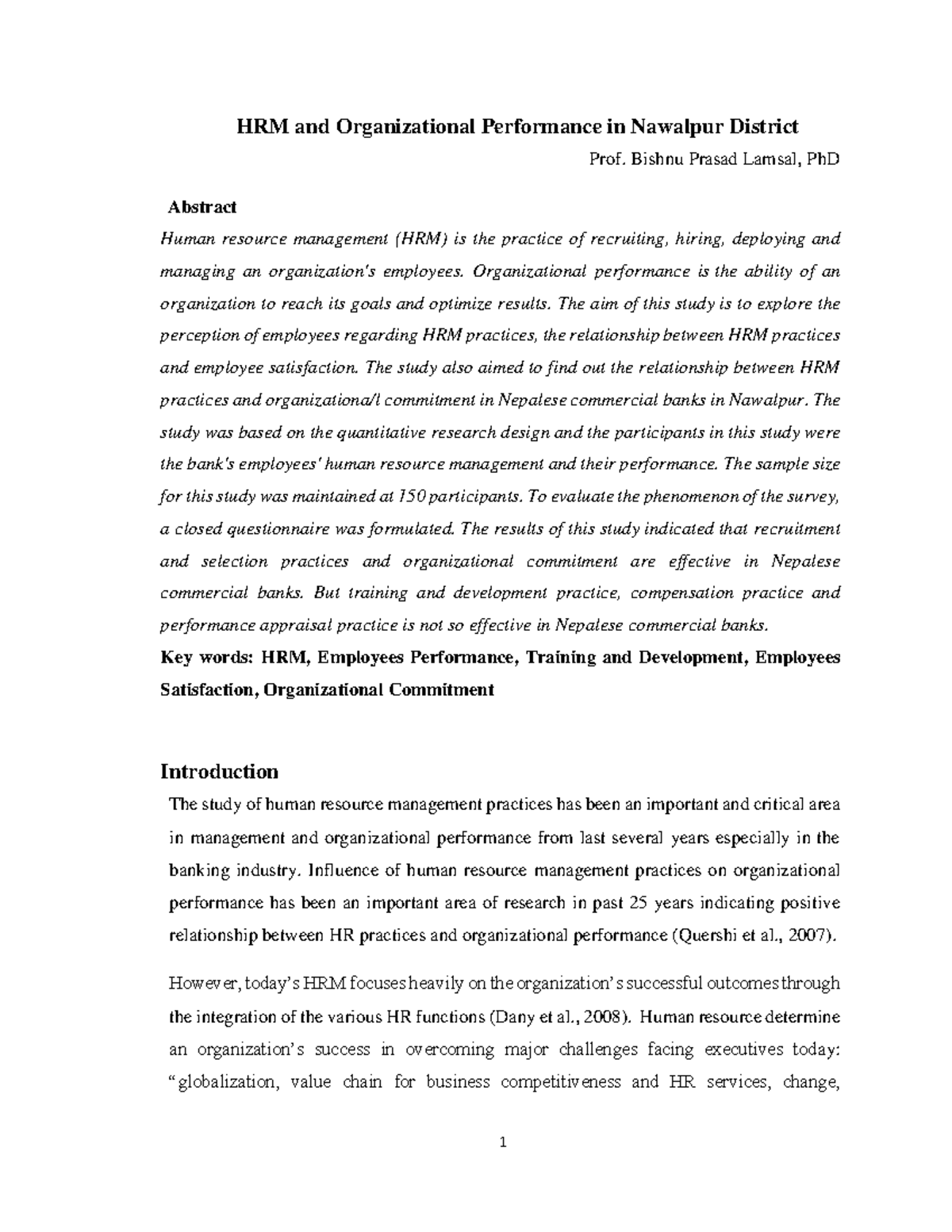 HRM and Organizational Performance in Nawalpur District 1 - Bishnu ...
