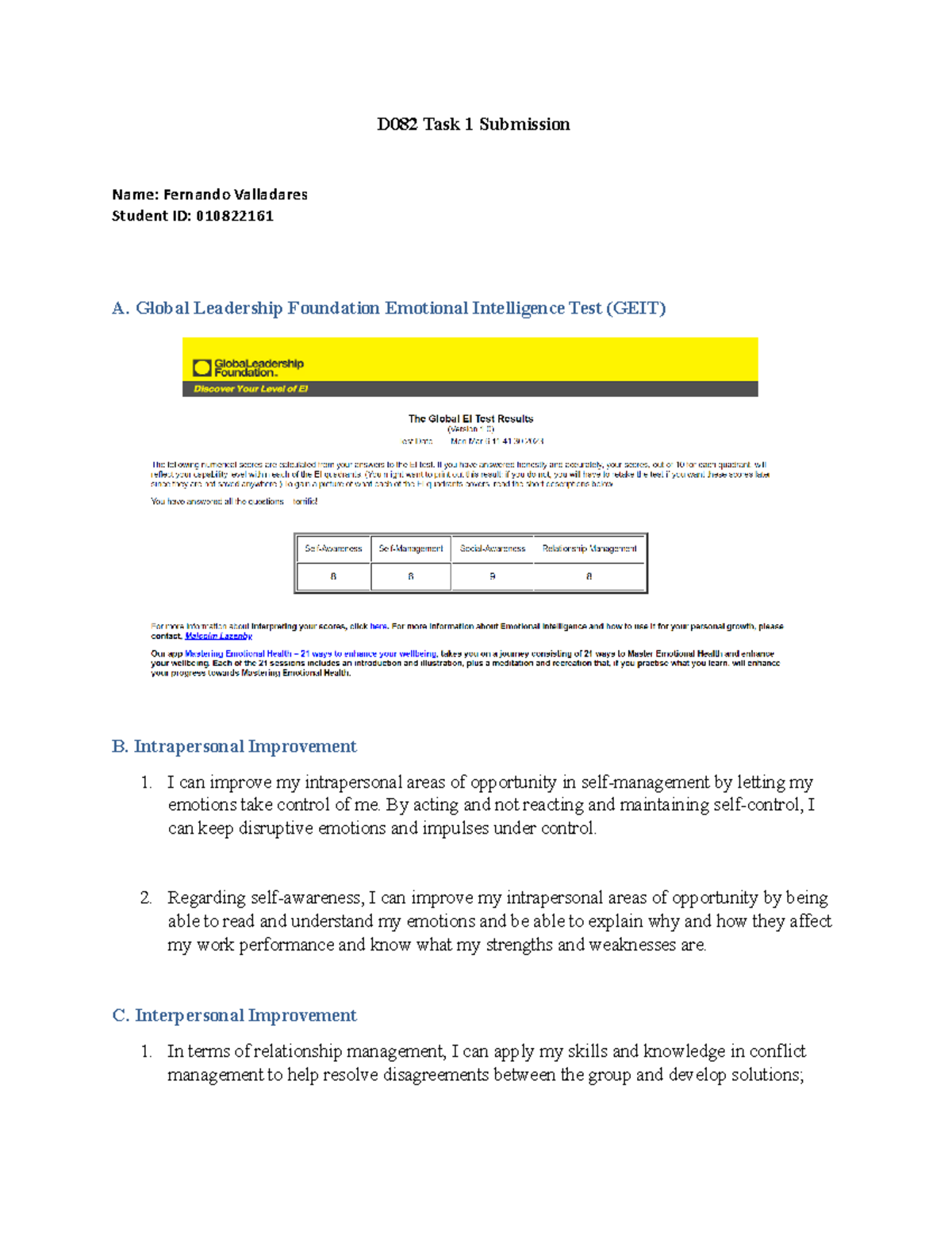 D082 Task 1 - NO Revisions - D082 Task 1 Submission Name: Fernando ...