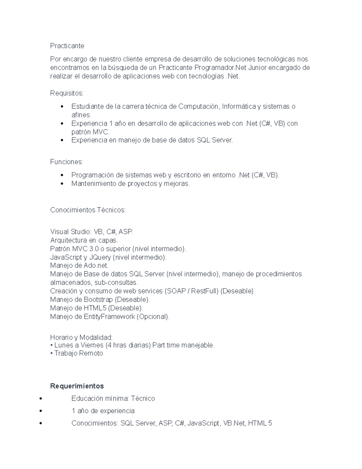 Programador - TODO OK - Practicante Por encargo de nuestro cliente ...
