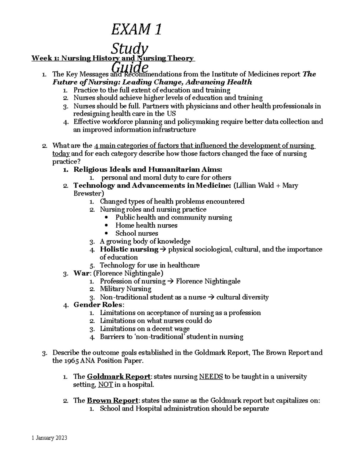 EXAM 1 Study Guide - Week 1: Nursing History and Nursing Theory The Key ...