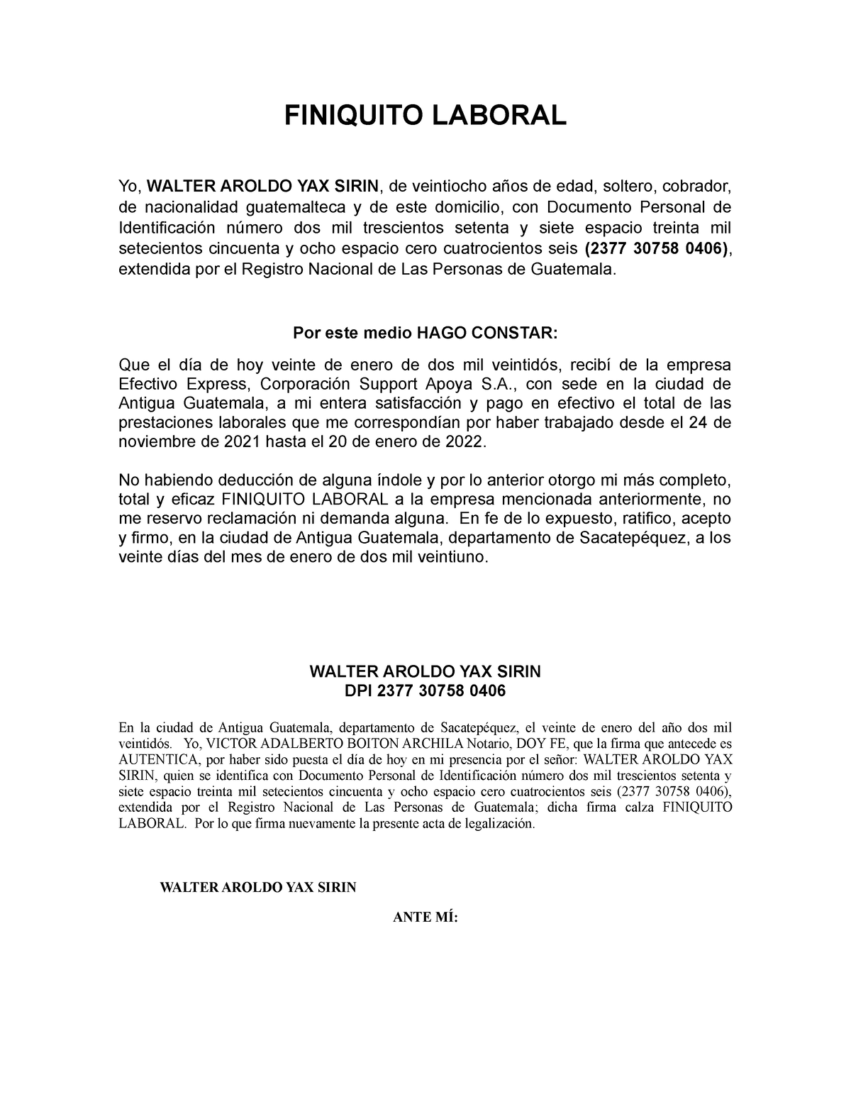 Finiquito Laboral Finiquito Laboral Yo Walter Aroldo Yax Sirin De Veintiocho Años De Edad 6486