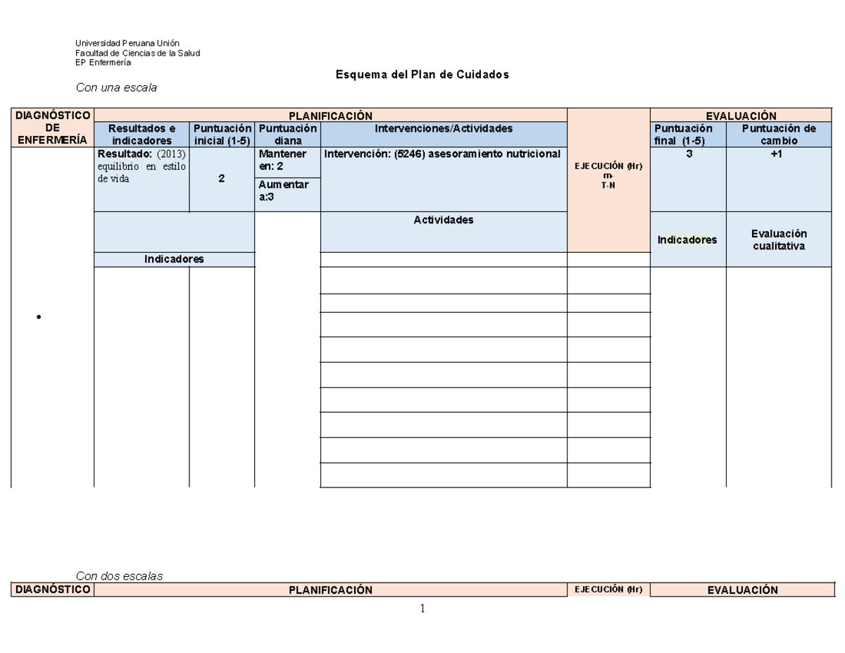 Esquema DE PLAN DE Cuidados Estudiante - Facultad de Ciencias de la ...